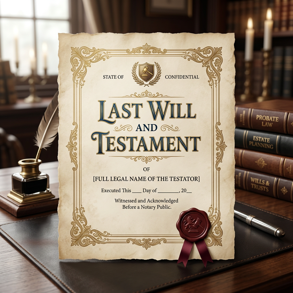 Last will and testament document with decorative border, seal, and legal books in background